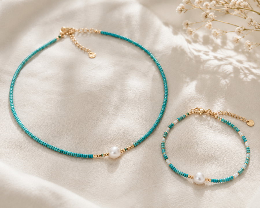 Minimal Turquoise & Pearl Jewelry Set