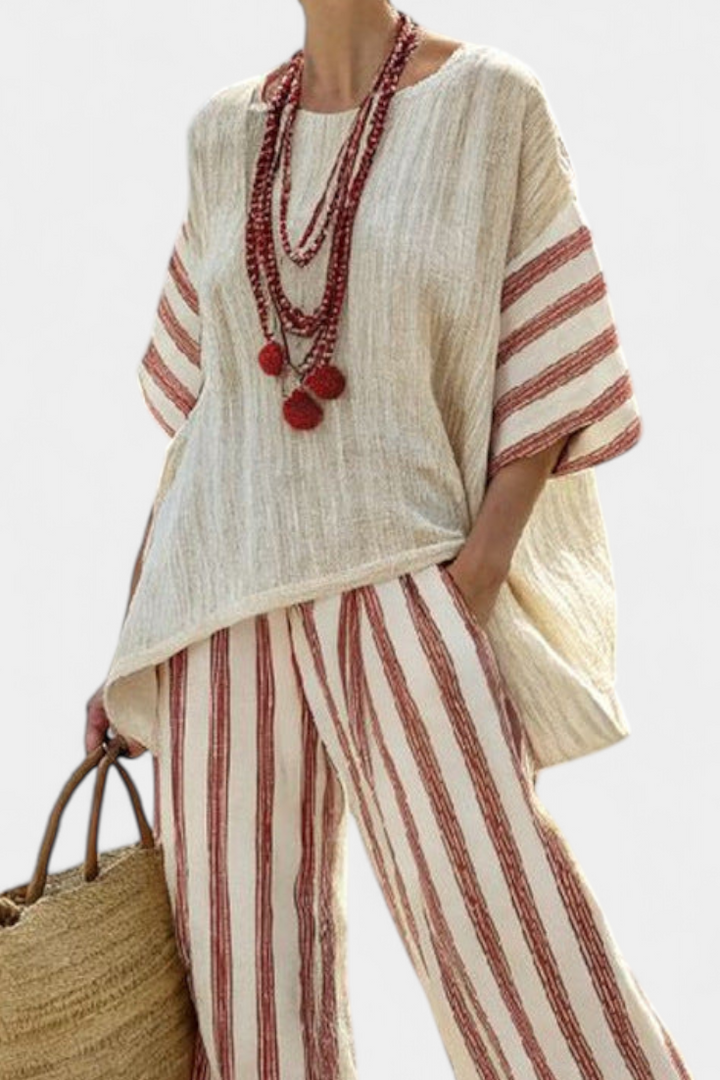 Braelith | Elegant Rustic Striped Top & Cream Pants